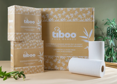 Premium 3-ply unwhitened bamboo toilet tissue rolls with plastic-free packaging from Tiboo.